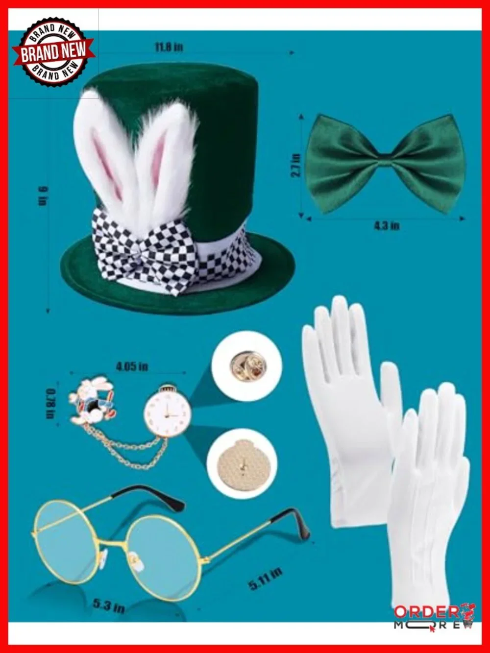 White Rabbit Costume Hat with Ears, Bow Tie, Gloves, Glasses, Brooch Set for